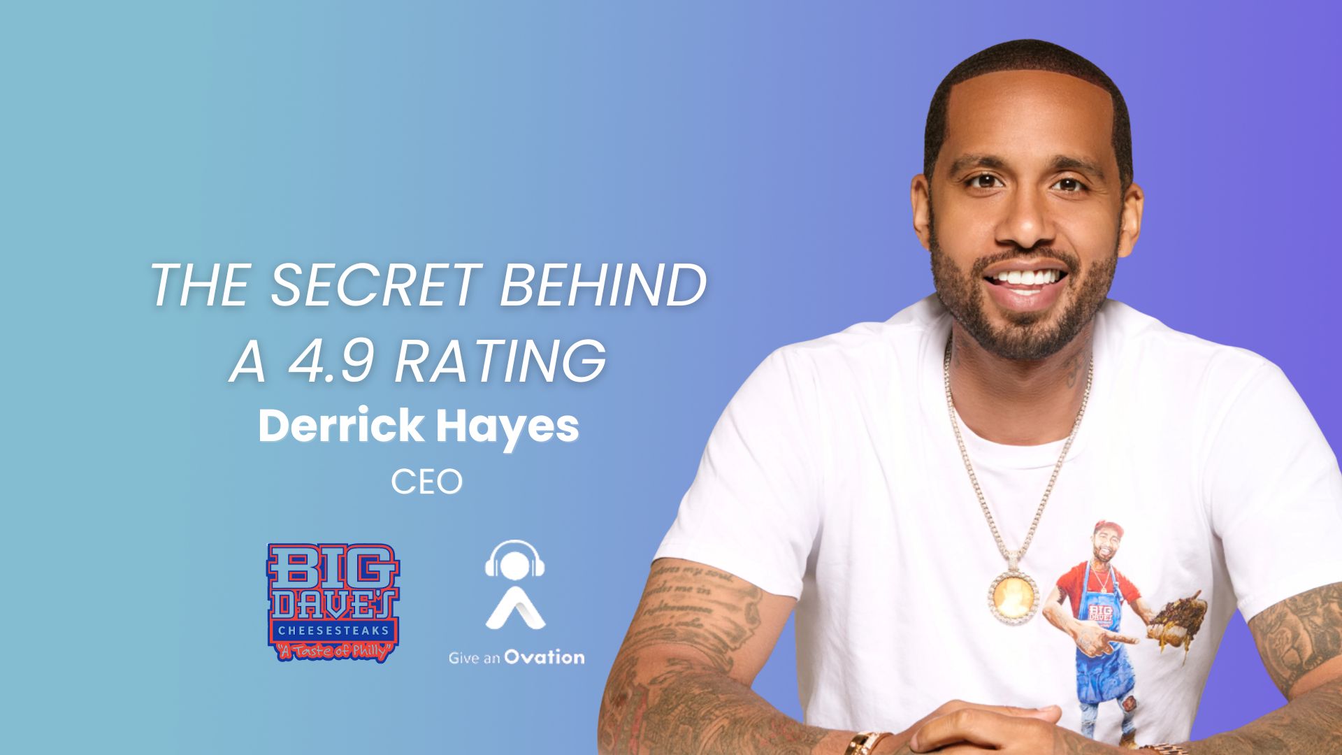 Derrick Hayes, Founder and CEO of Big Dave’s Cheesesteaks, smiling while seated with hands together. Episode title: The Secret Behind a 4.9 Rating. Give an Ovation podcast